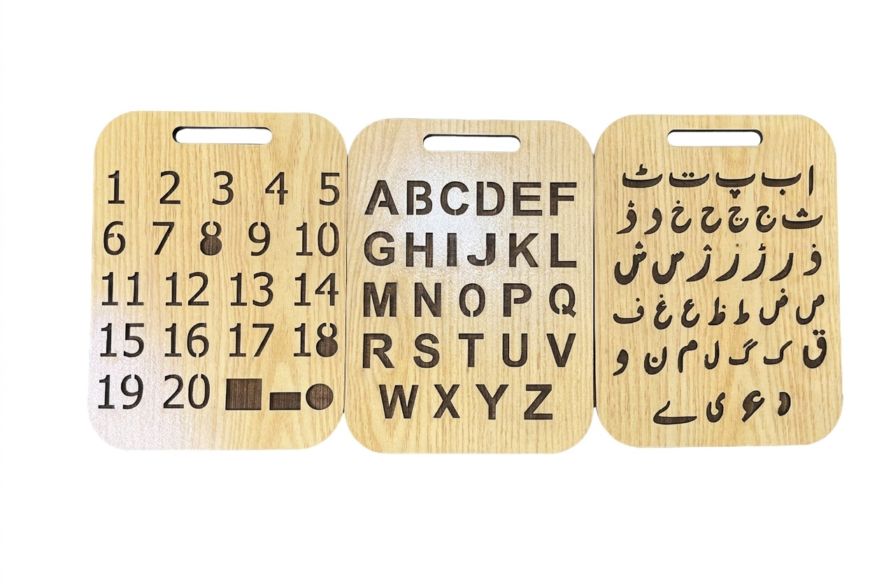 Nesticom 4-in-1 Wooden Tracing Boards – Urdu, English, Numbers & Parts of Body