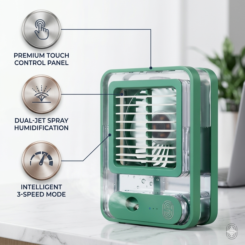 USB Rechargeable Mist Fan – Touch Control Air Cooler & Humidifier
