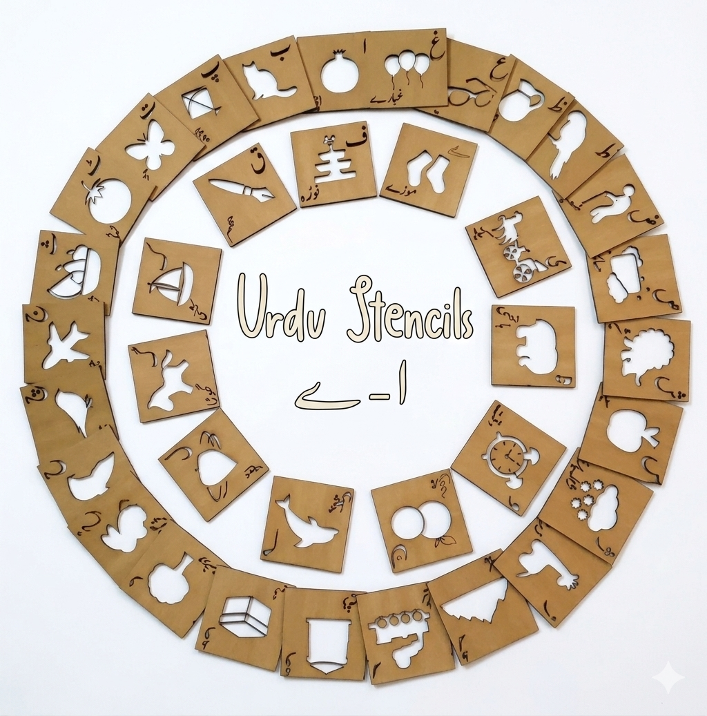 Urdu Alphabets Wooden Stencil & Tracing Kit – 36-Piece Educational Learning Set for Kids