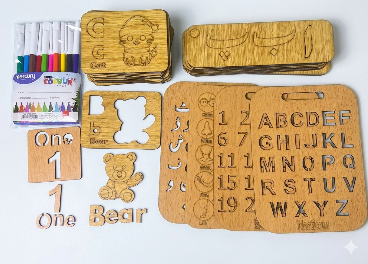 Nesticom 5-in-1 Kids Learning Kit – Premium Wooden Tracing Boards for Toddlers & Preschoolers