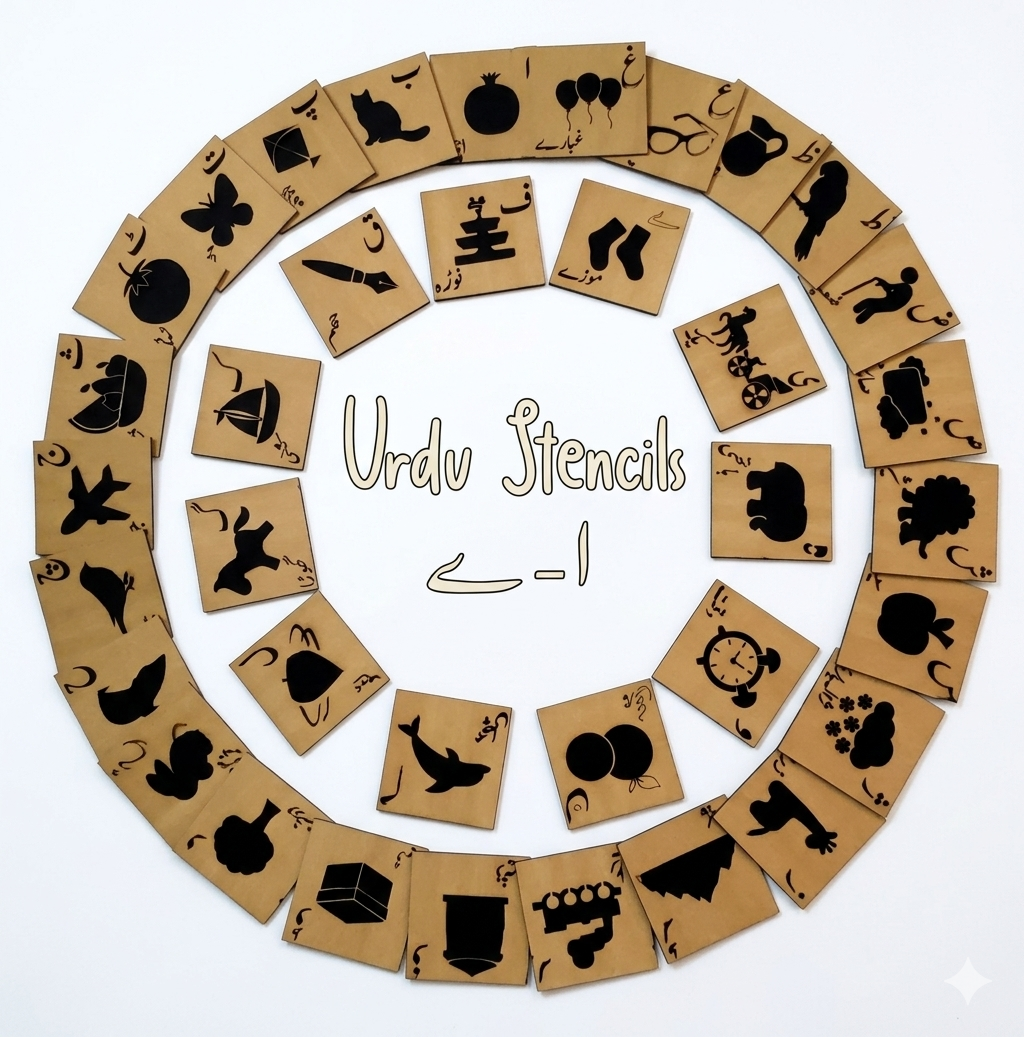 Urdu Alphabets Wooden Stencil & Tracing Kit – 36-Piece Educational Learning Set for Kids