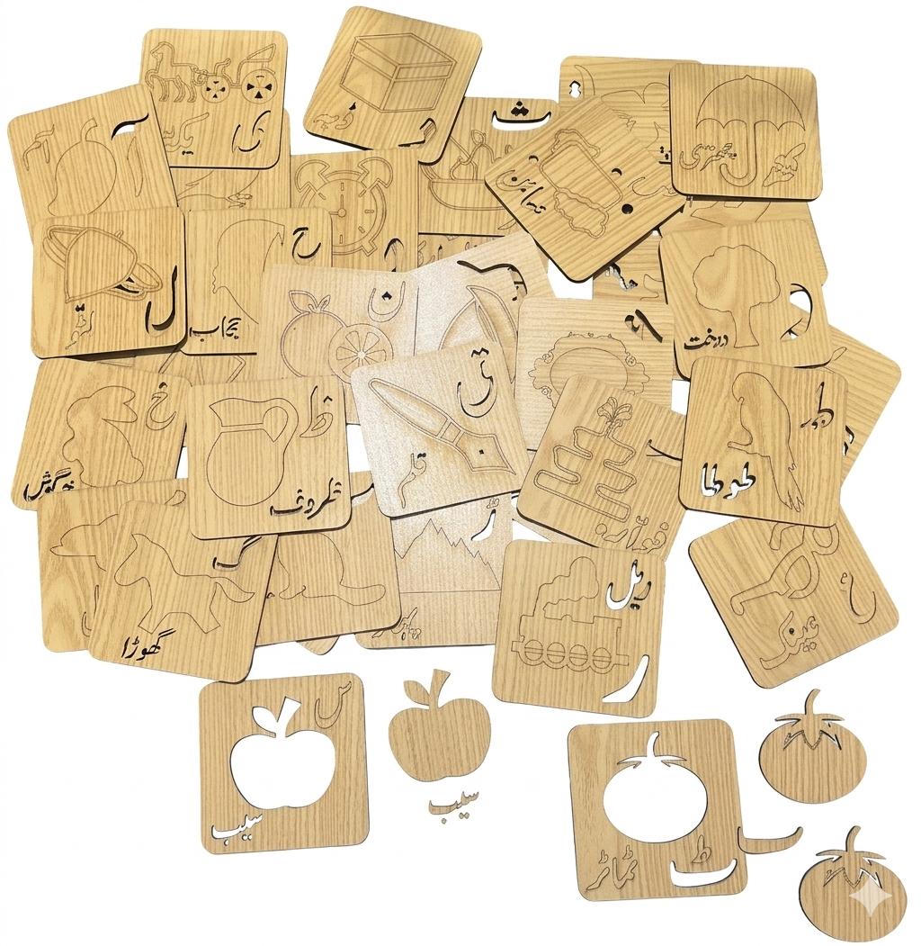 Urdu Alphabets Wooden Stencil & Tracing Kit – 36-Piece Educational Learning Set for Kids