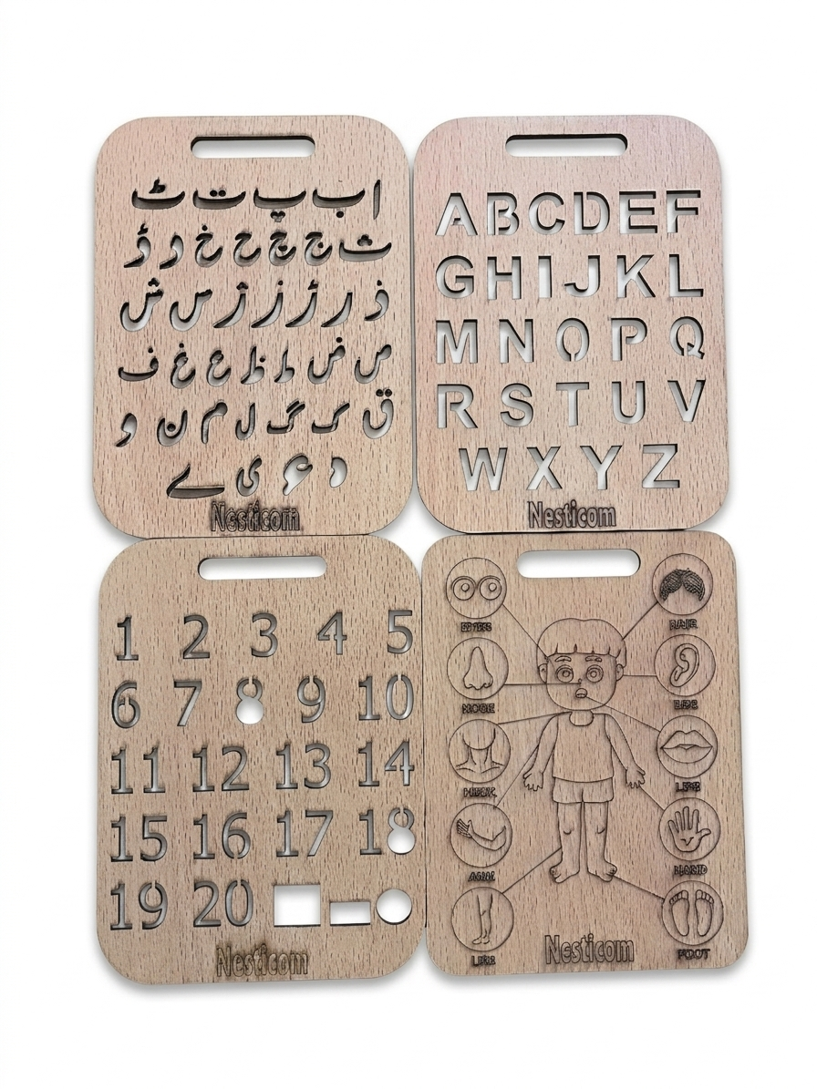 Nesticom 4-in-1  Wooden Tracing Boards – Urdu, English, Numbers & Parts of Body