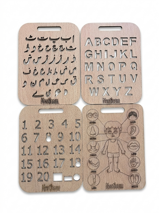 Nesticom 4-in-1  Wooden Tracing Boards – Urdu, English, Numbers & Parts of Body