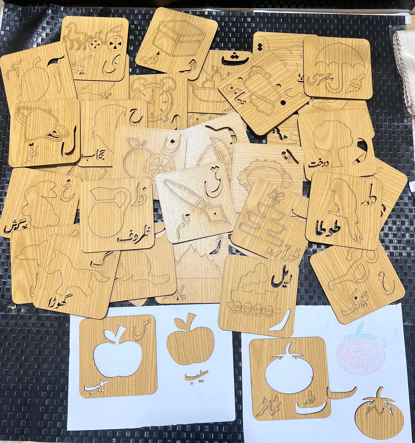 Urdu Alphabets Wooden Stencil & Tracing Kit – 36-Piece Educational Learning Set for Kids