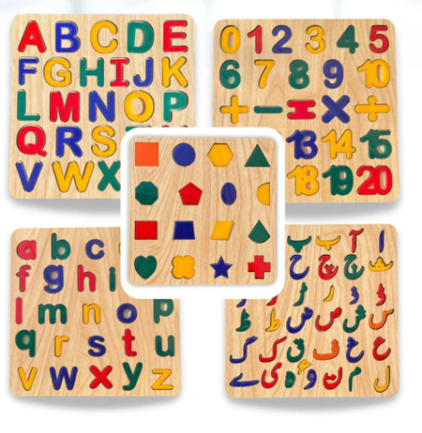 Nesticom Montessori 5-in-1 Wooden Puzzle Board Set | Capital ABC + Small abc + Numbers 0-20 + Shapes + Urdu Alphabets | Educational Learning Toy for Kids | Toddler Activity Board | Best Gift for Children Age 2-8