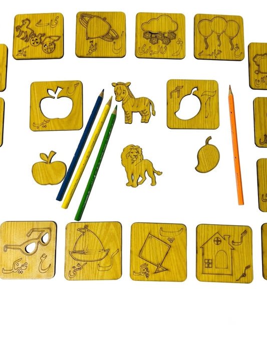 Wooden Alphabet Puzzle Board for Kids | A-Z English Learning Letters, Animals &amp; Objects Matching Toy with Colored Pencils