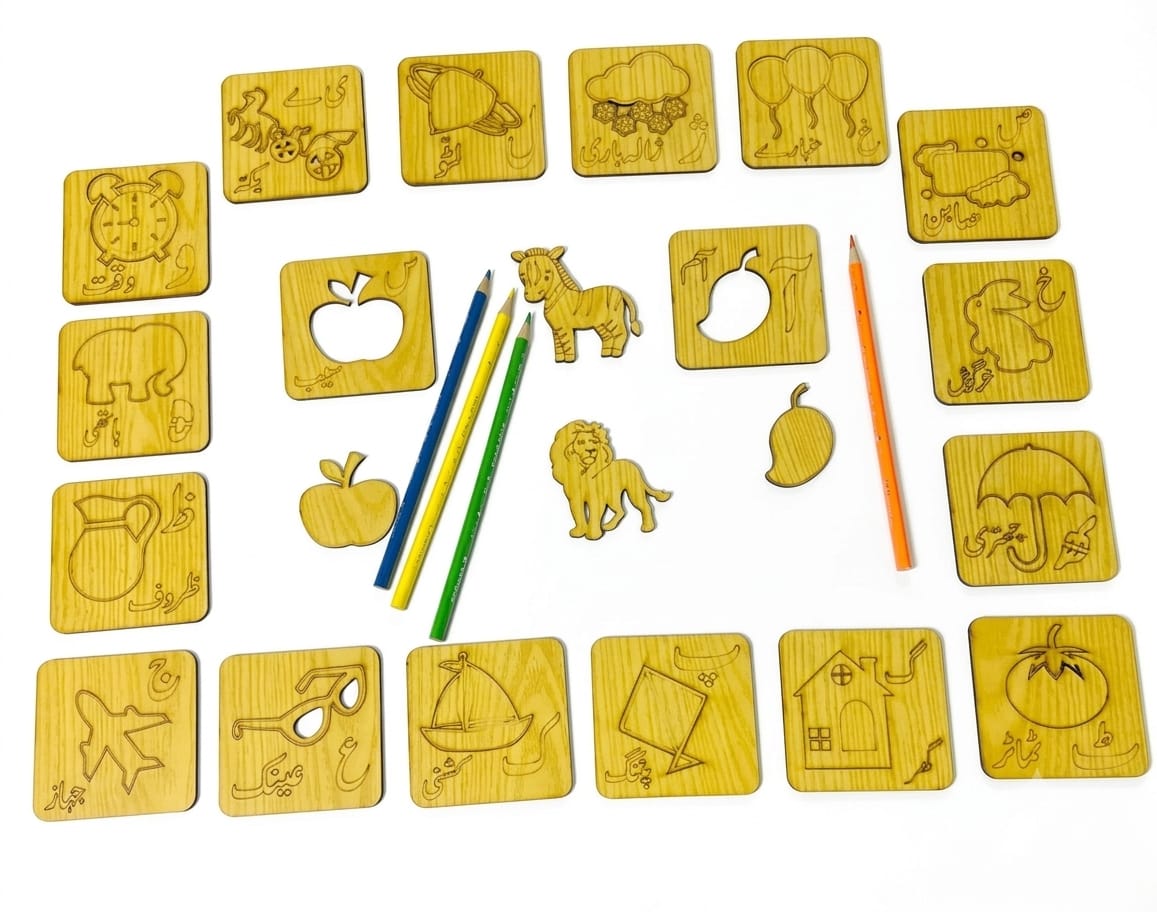 Wooden Alphabet Puzzle Board for Kids | A-Z English Learning Letters, Animals &amp; Objects Matching Toy with Colored Pencils
