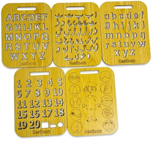 5-in-1 Montessori Wooden Learning Board for Kids | English ABC, Urdu Haroof, Numbers, Body Parts & Writing Tracing Board | Educational Toy for Toddlers