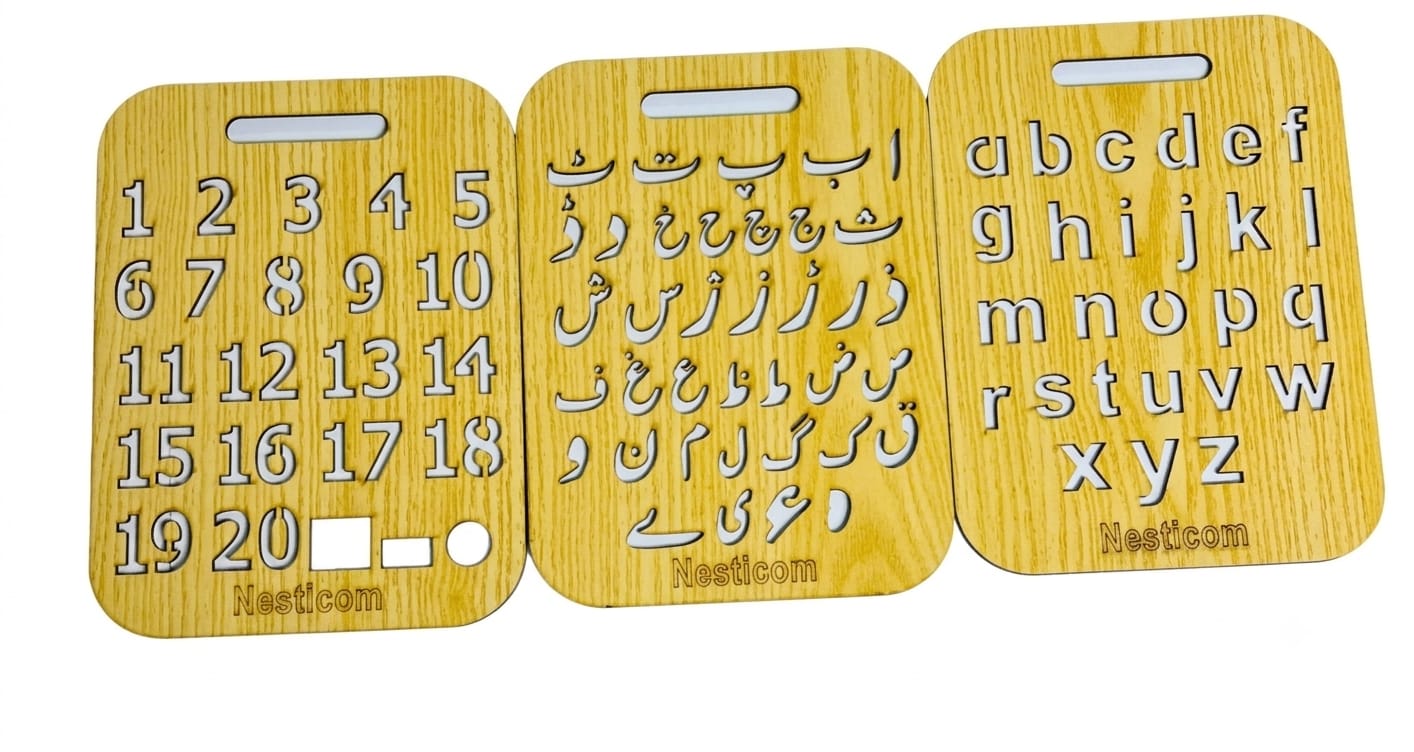 5-in-1 Montessori Wooden Learning Board for Kids | English ABC, Urdu Haroof, Numbers, Body Parts & Writing Tracing Board | Educational Toy for Toddlers